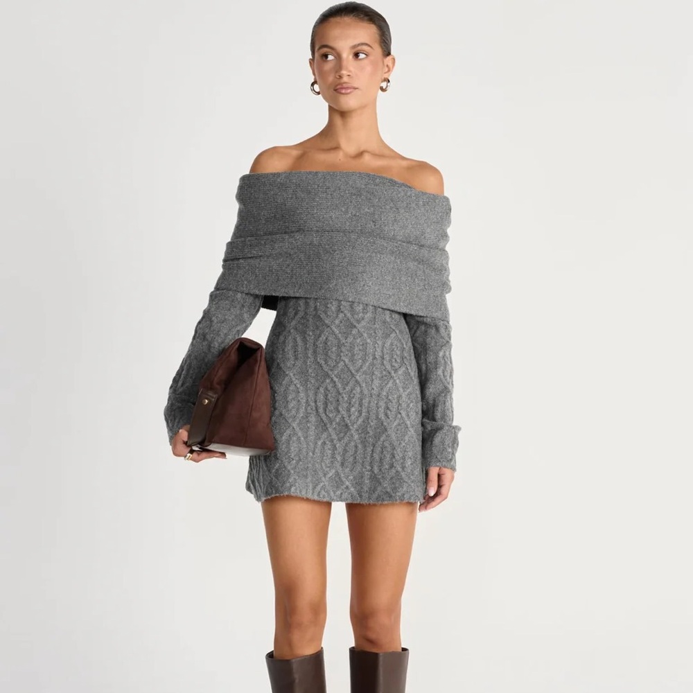 Charcoal Off-Shoulder Cable Knit Mini Dress XS S